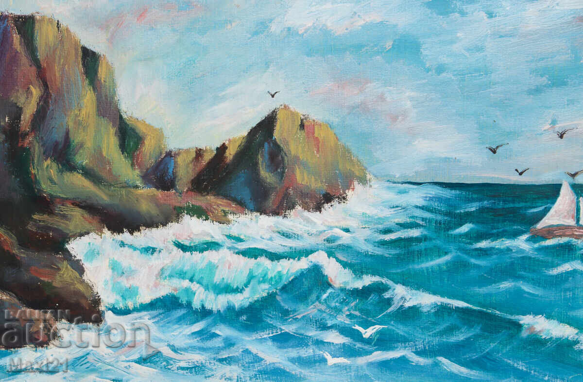 Tablou în ulei, țărm stâncos de mare, peisaj - 5