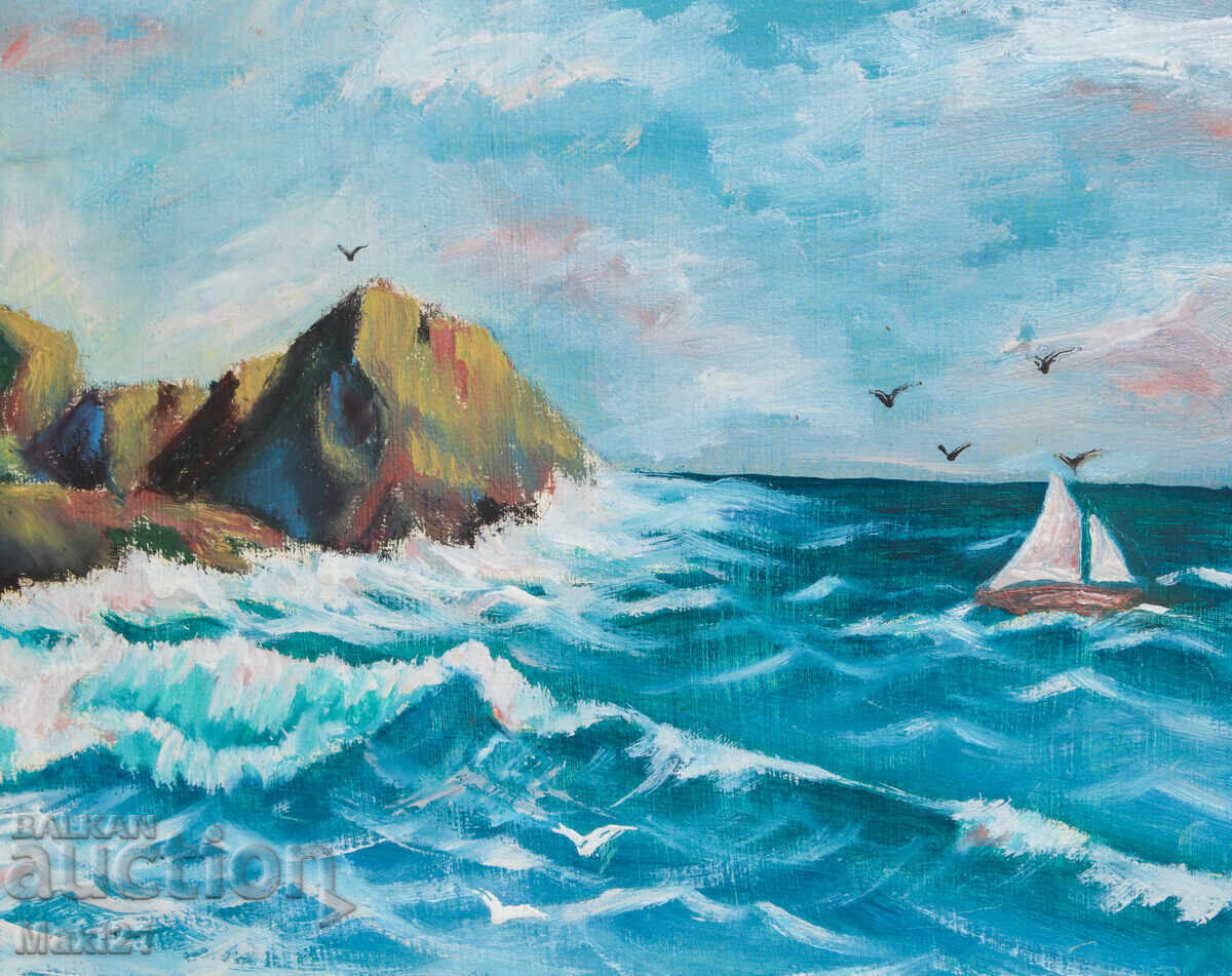 Tablou în ulei, țărm stâncos de mare, peisaj - 6