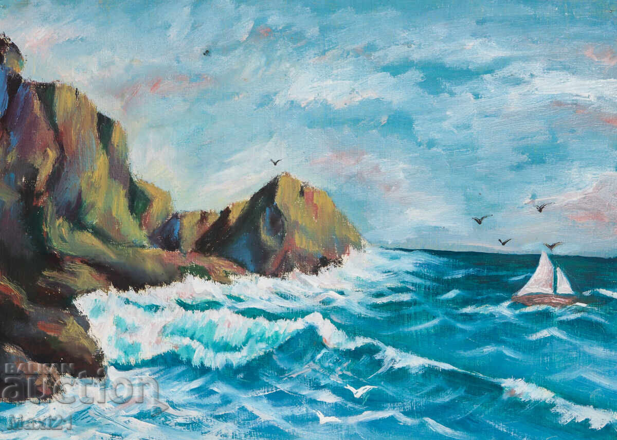 Tablou în ulei, țărm stâncos de mare, peisaj