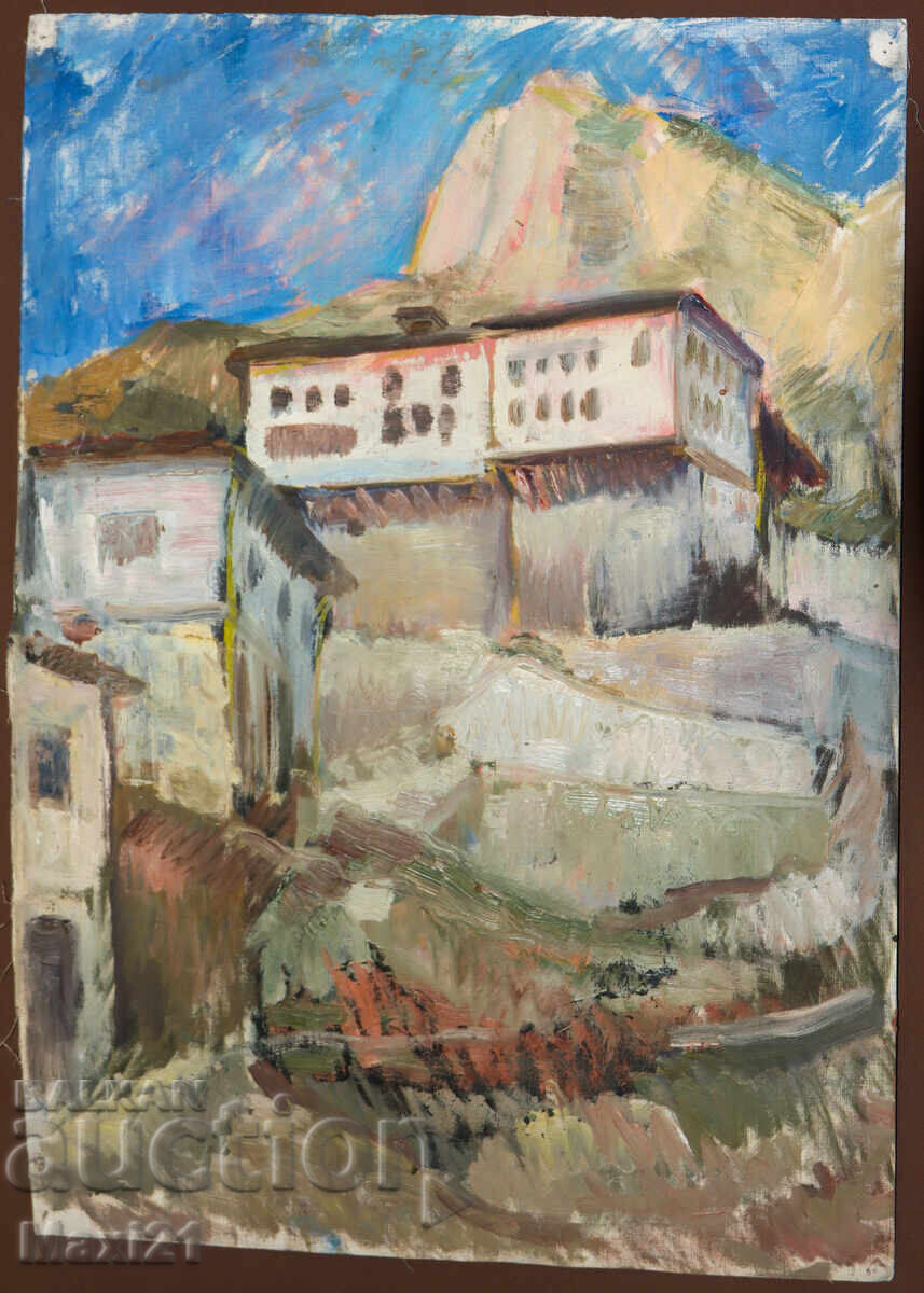 Αστικό τοπίο, σπίτια σε λόφο, ελαιογραφία με τιμή 250.00 BGN | € 127.82