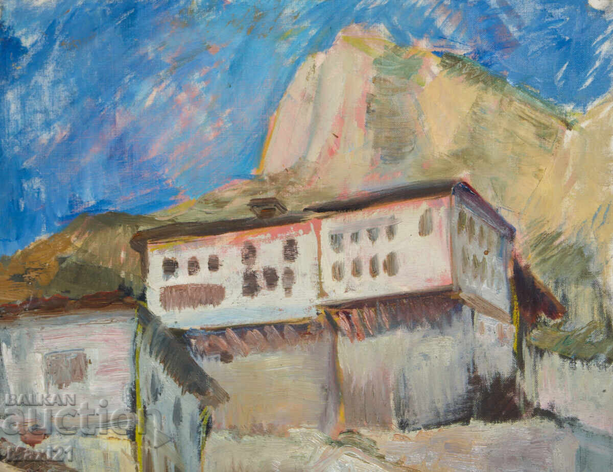 Παράδοση Αστικό τοπίο, σπίτια σε λόφο, ελαιογραφία