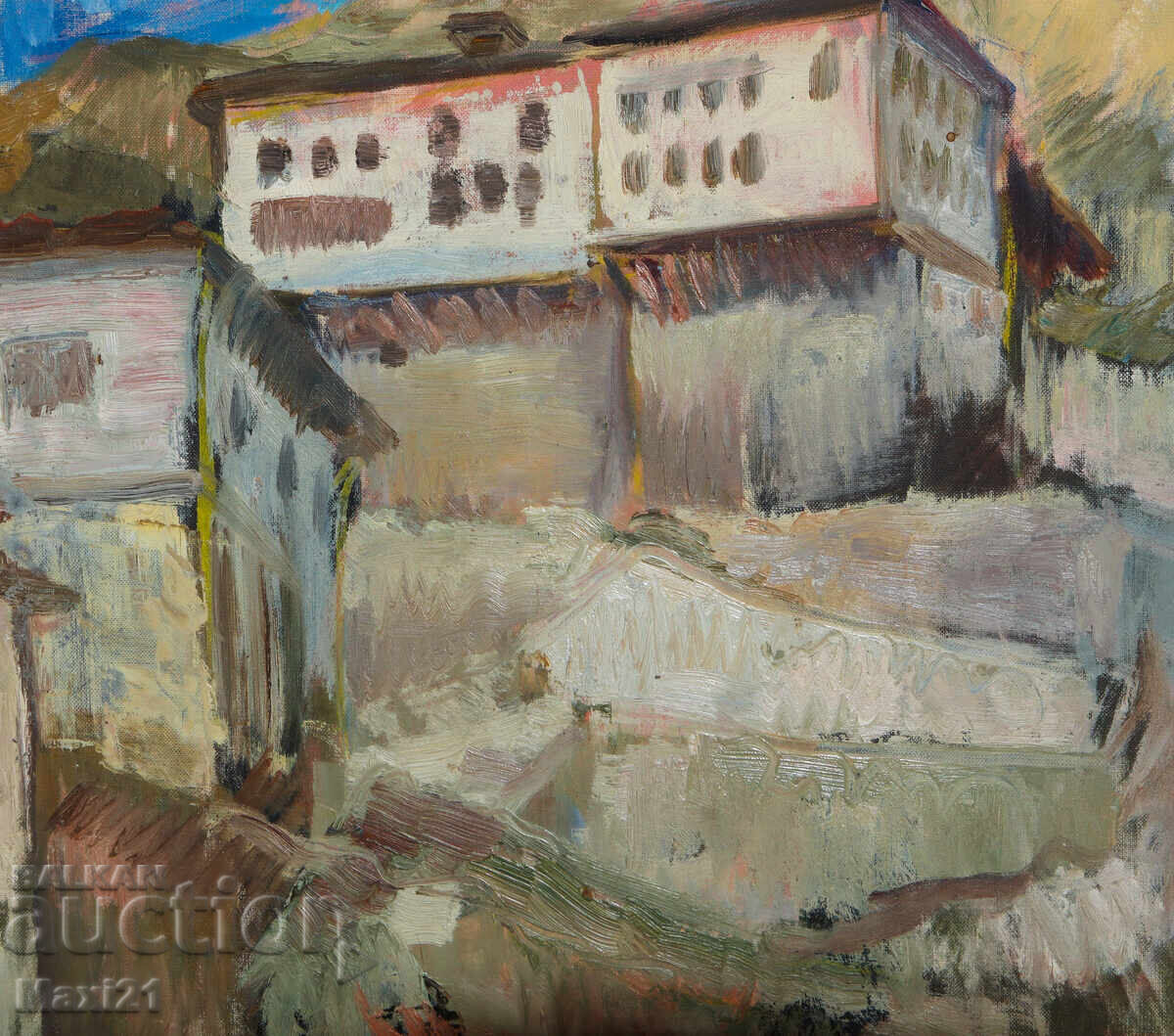 Αστικό τοπίο, σπίτια σε λόφο, ελαιογραφία - 5