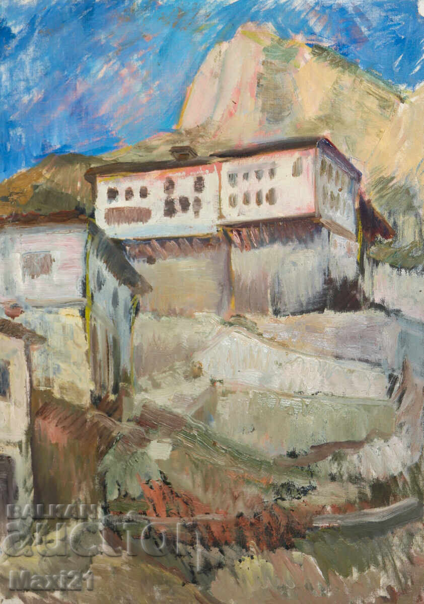 Αστικό τοπίο, σπίτια σε λόφο, ελαιογραφία