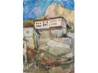 Αστικό τοπίο, σπίτια σε λόφο, ελαιογραφία