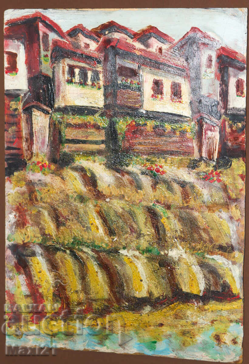 Village houses, folk landscape painting oil on canvas with price 250.00 BGN | € 127.82