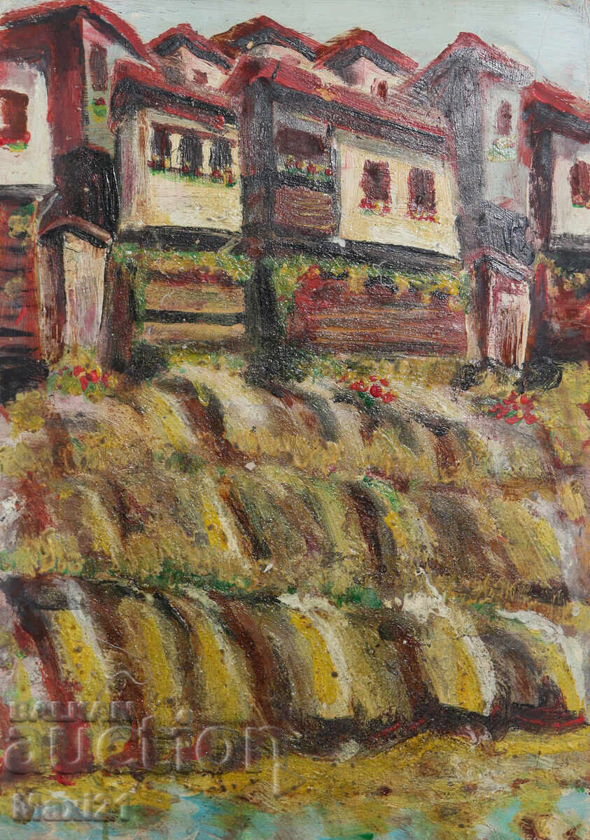 Village houses, folk landscape painting oil on canvas
