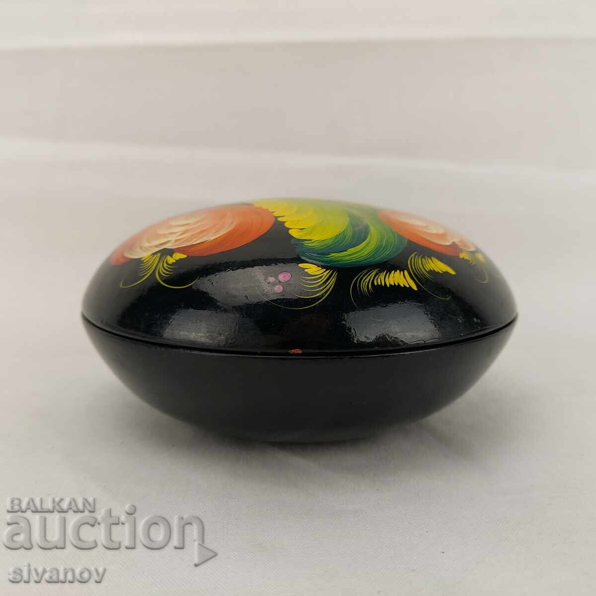 Livrarea Cutie rotundă veche din lemn rusesc pentru bijuterii, cu lac negru #3675