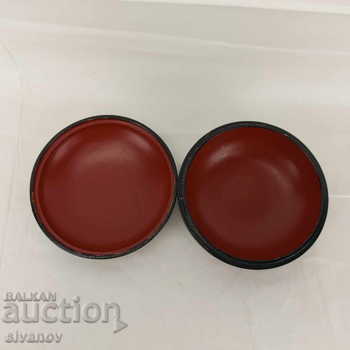 Cutie rotundă veche din lemn rusesc pentru bijuterii, cu lac negru #3675 - 5