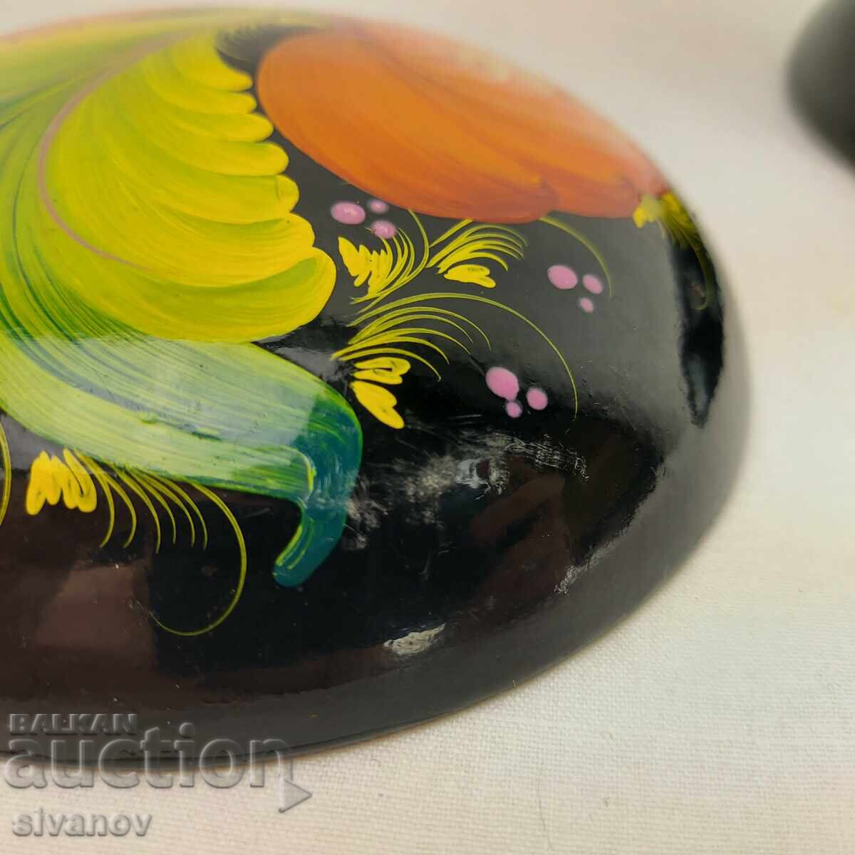 Cutie rotundă veche din lemn rusesc pentru bijuterii, cu lac negru #3675 - 7