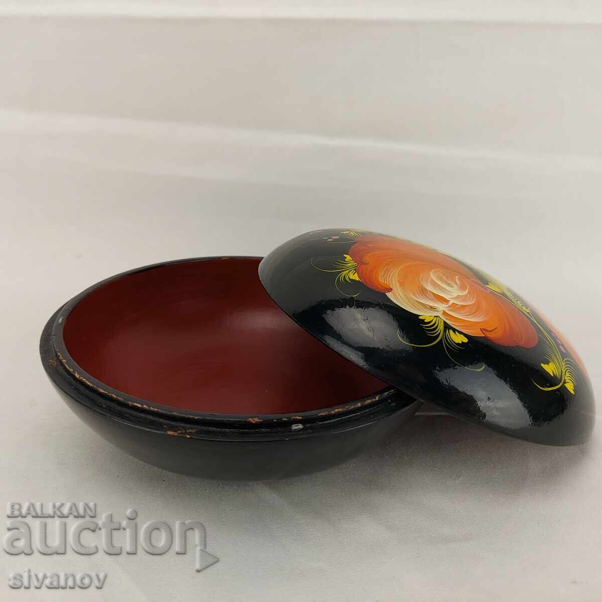 Cutie rotundă veche din lemn rusesc pentru bijuterii, cu lac negru #3675