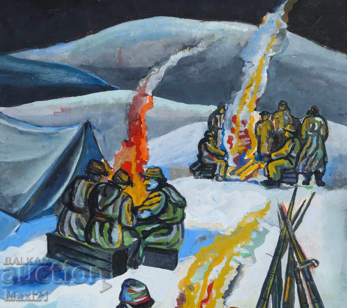 Livrarea Ilustrație guașă tabără militară de iarnă