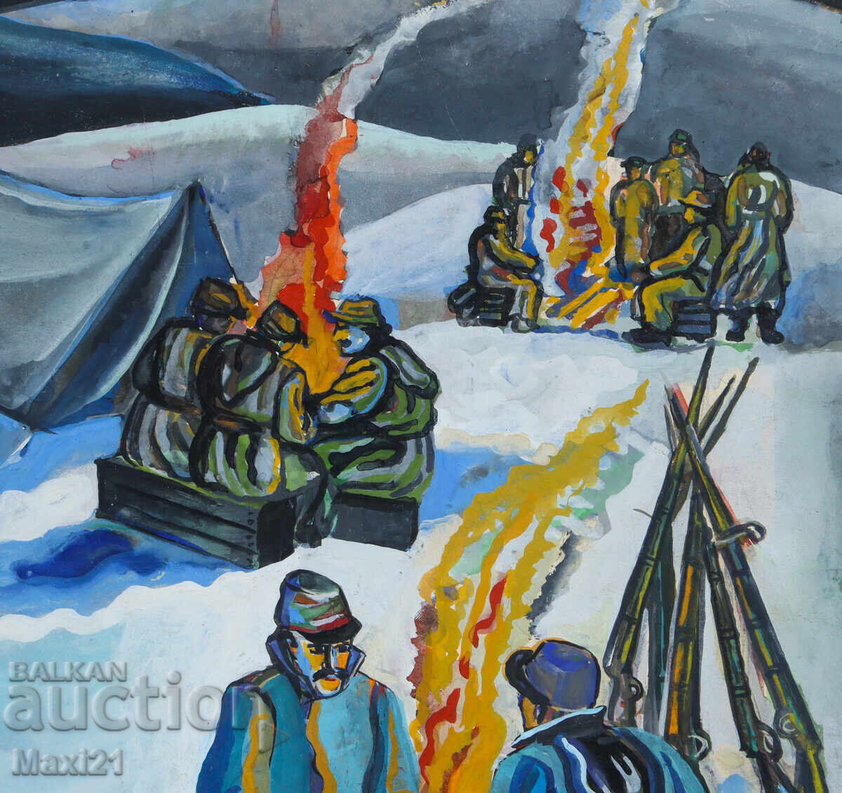 Ilustrație guașă tabără militară de iarnă - 5