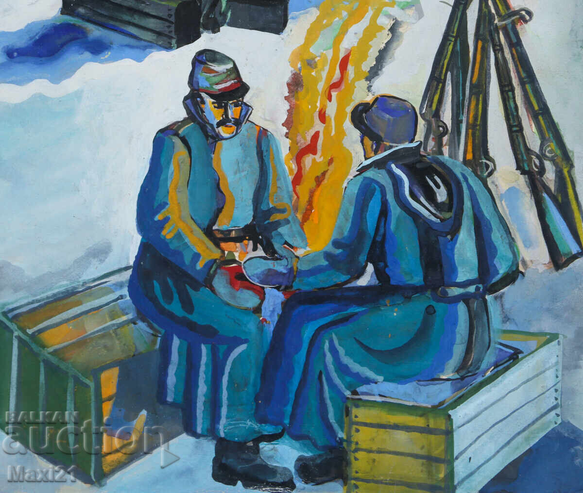 Ilustrație guașă tabără militară de iarnă - 6