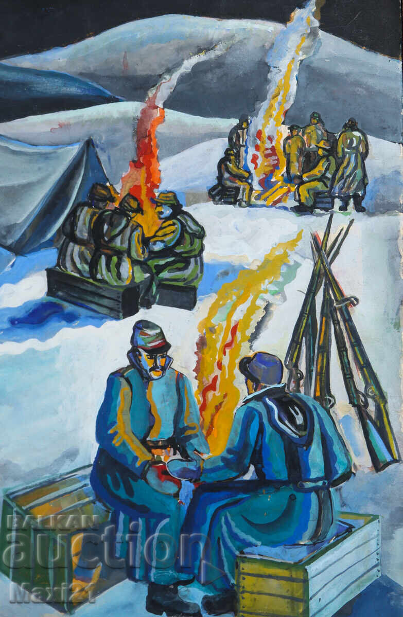 Ilustrație guașă tabără militară de iarnă