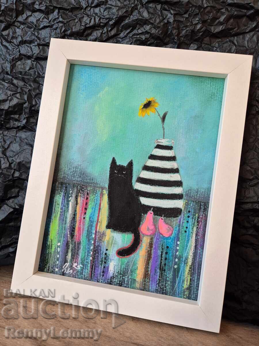 Cat with pears, pastel painting, original with price 65.00 BGN | € 33.23