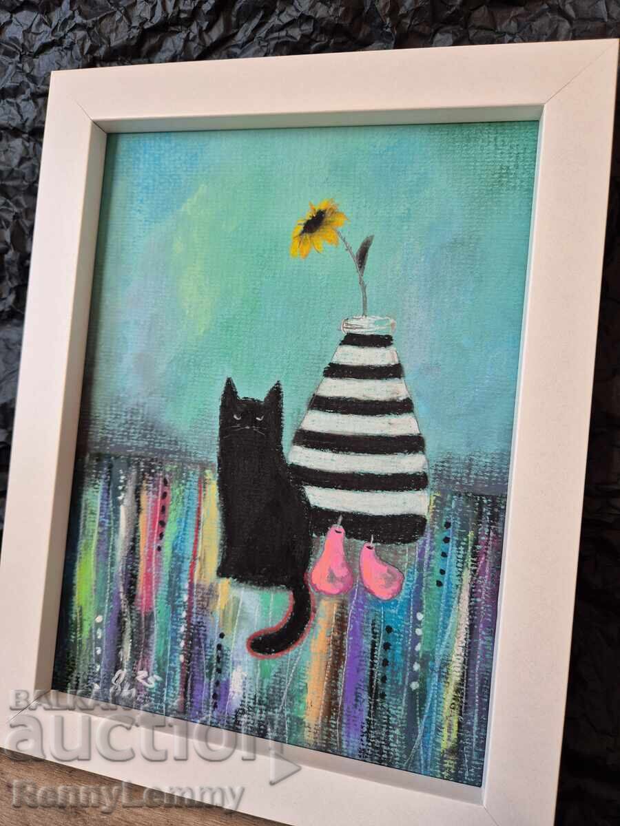 Auction  Cat with pears, pastel painting, original