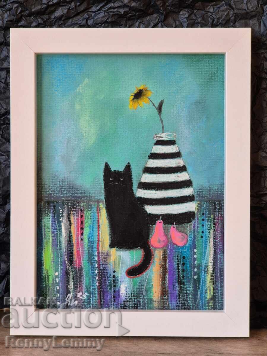 Cat with pears, pastel painting, original