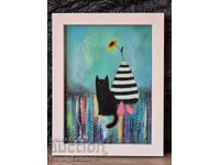 Pisică cu pere, pictură pastel, original