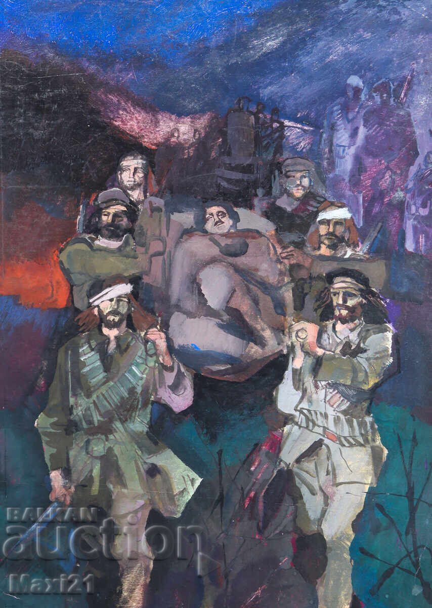 Auction  Old Gouache Painting Partisans