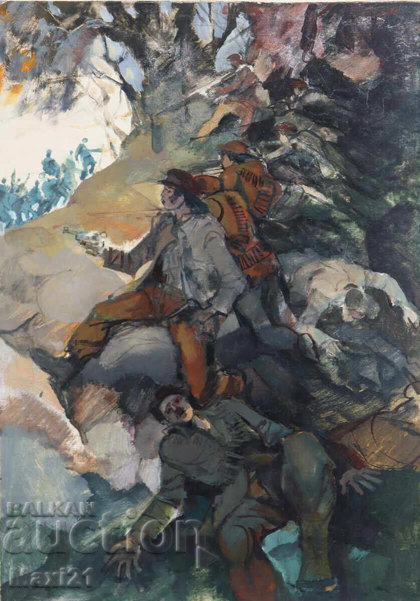 Pictură veche guașă partizani 1979