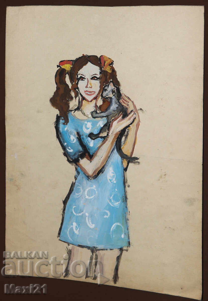 Πίνακας με τέμπερα, πορτρέτο κοριτσιού με γάτα με τιμή 200.00 BGN | € 102.26