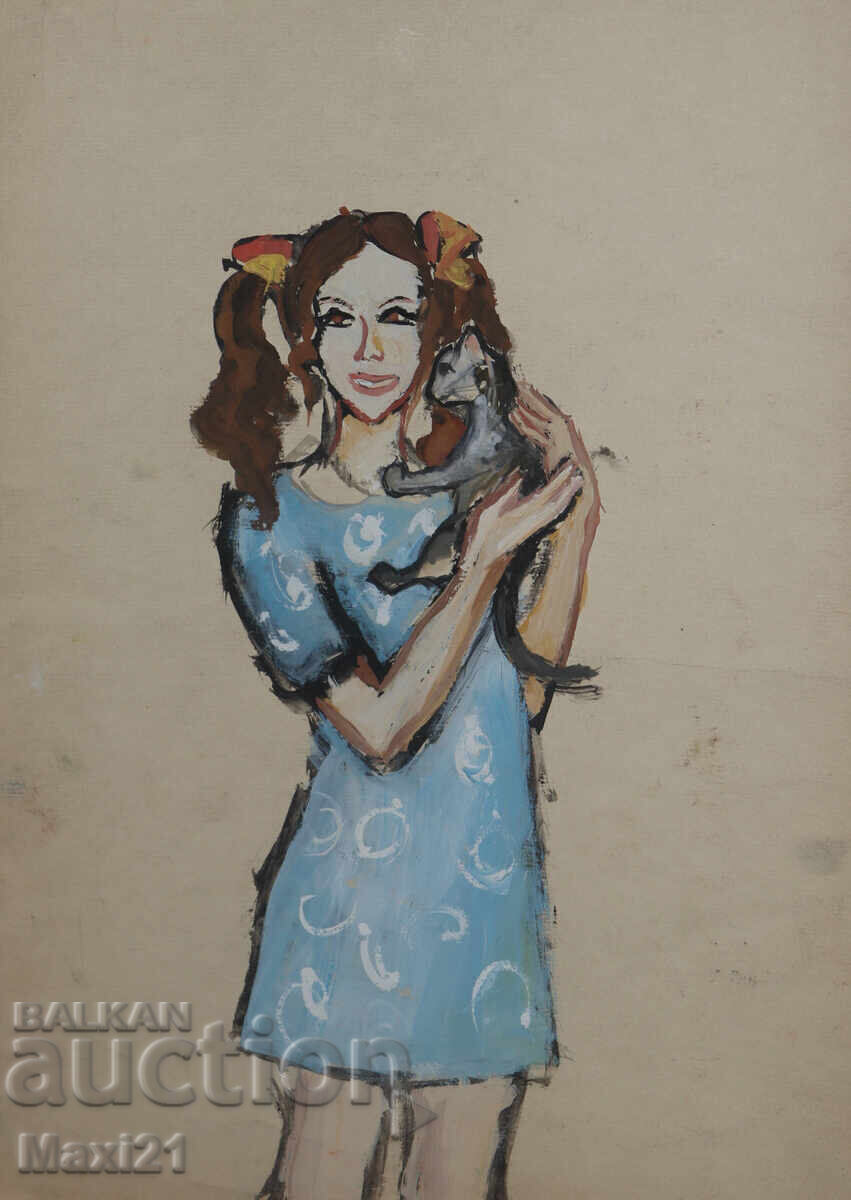 Δημοπρασία Πίνακας με τέμπερα, πορτρέτο κοριτσιού με γάτα