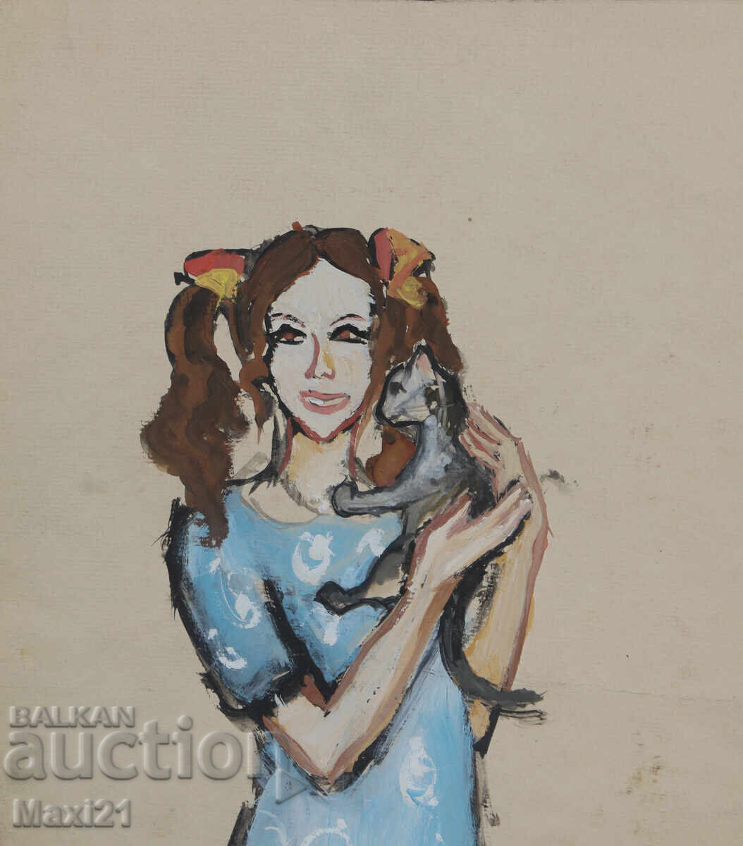 Παράδοση Πίνακας με τέμπερα, πορτρέτο κοριτσιού με γάτα