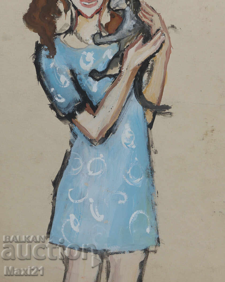 Πίνακας με τέμπερα, πορτρέτο κοριτσιού με γάτα - 5