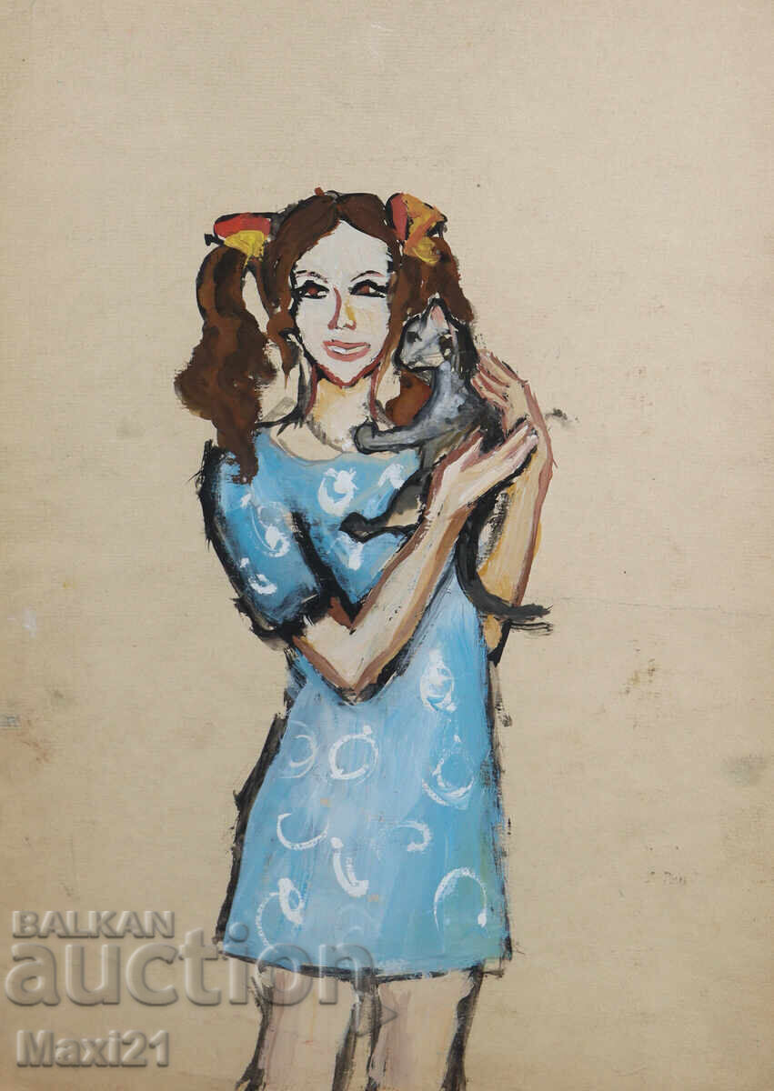 Πίνακας με τέμπερα, πορτρέτο κοριτσιού με γάτα