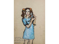 Painting, tempera, portrait of a girl with a cat