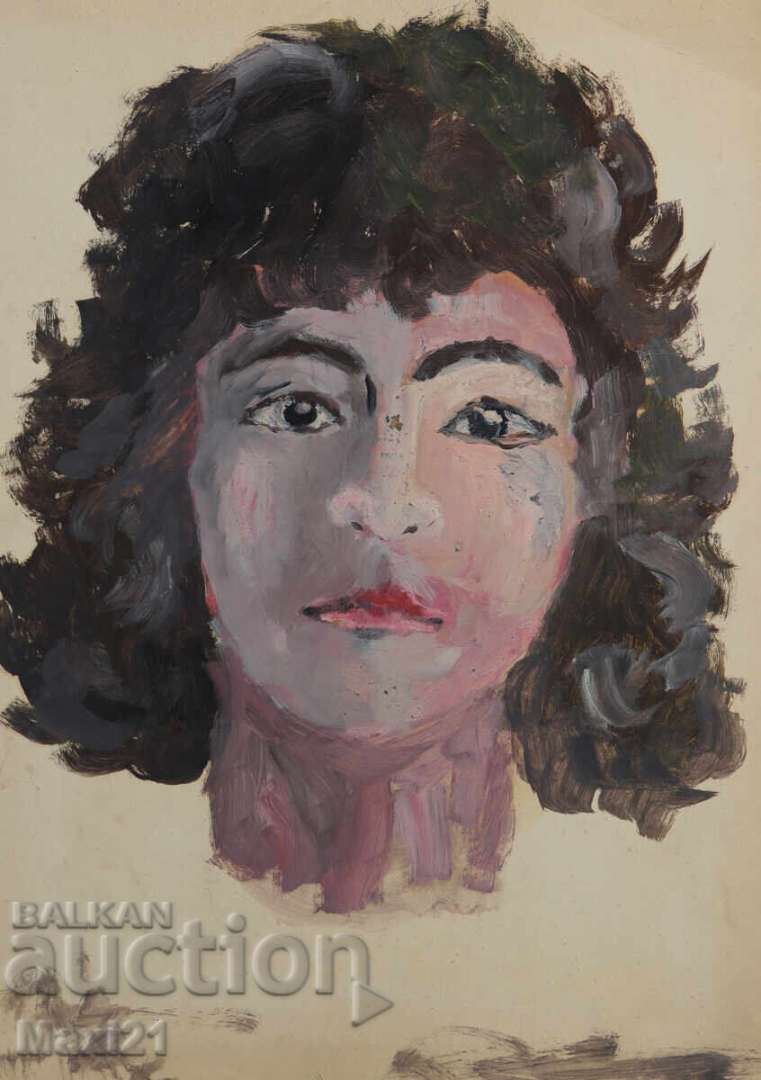 Licitație Tablou vechi, culori tempera, portret feminin