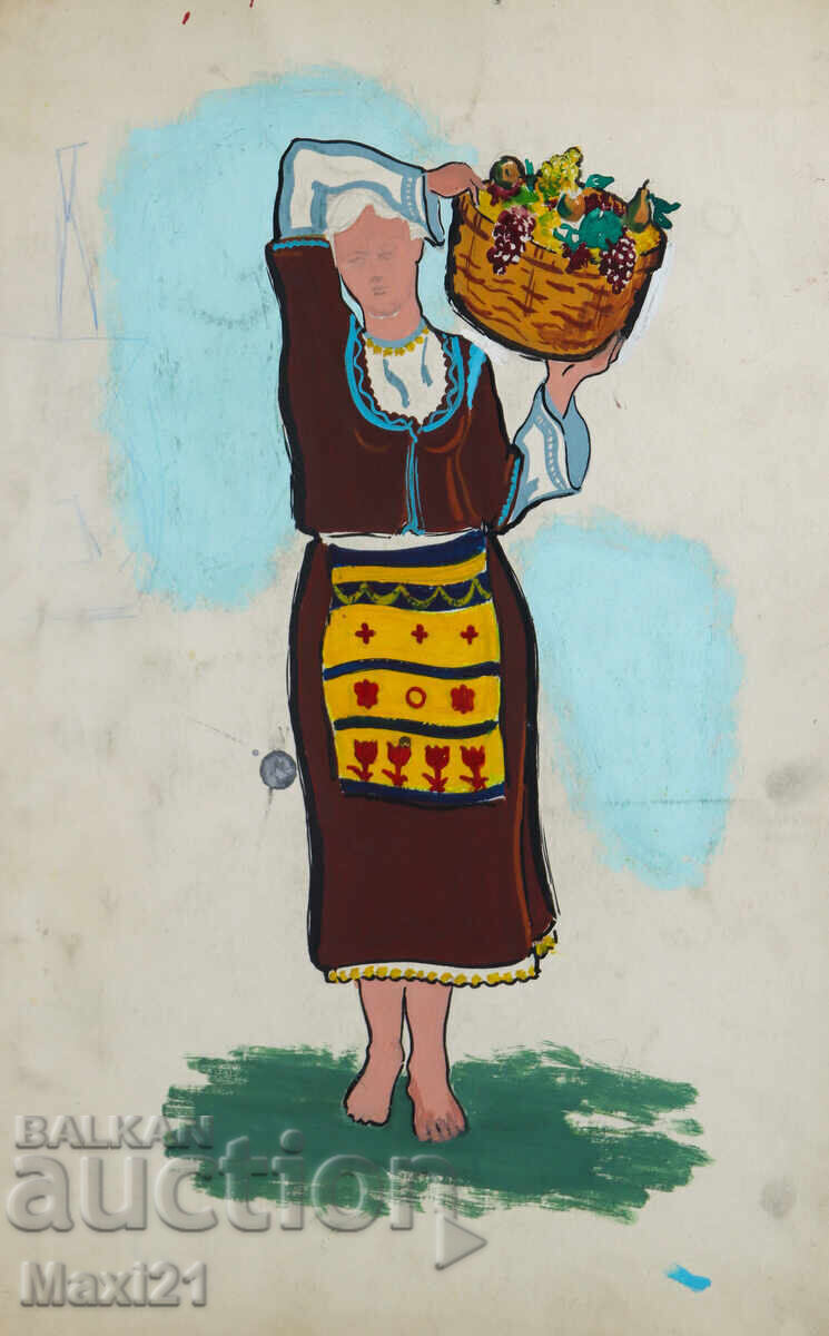 Tablou cu tempera, femeie în costum popular cu preț 200.00 BGN | € 102.26