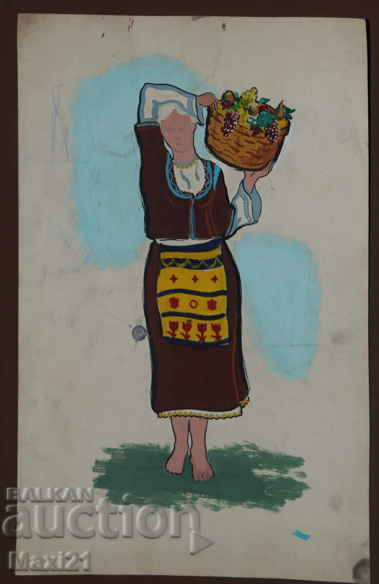 Licitație Tablou cu tempera, femeie în costum popular