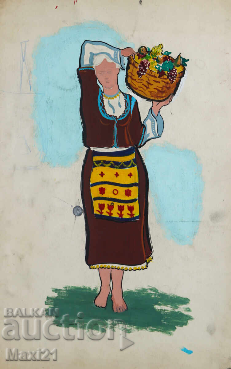 Tablou cu tempera, femeie în costum popular