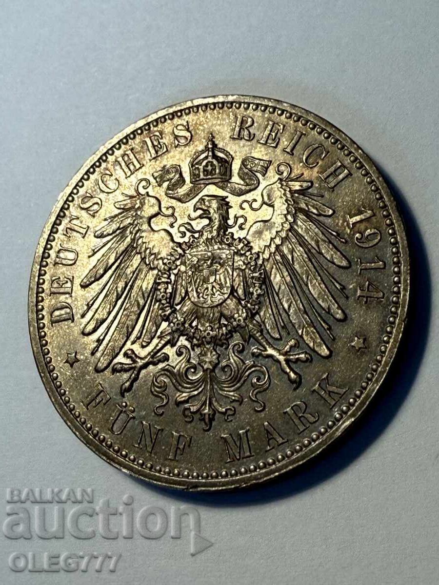 5 Mark 1914 GERMANIA SACHSEN, FRIEDRICH AUGUST cu preț 190.00 BGN | € 97.15