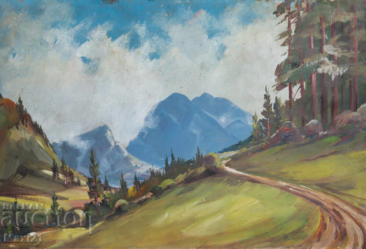 Auction  Old painting tempera paints mountain landscape