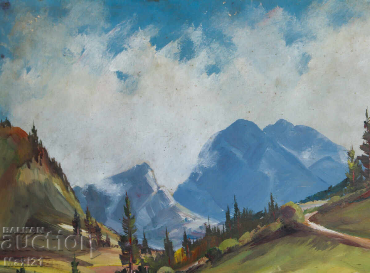 Delivery of Old painting tempera paints mountain landscape