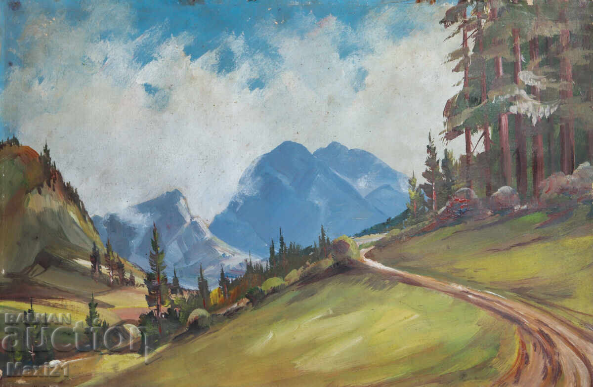 Old painting tempera paints mountain landscape