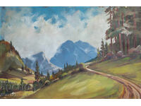 Pictură veche, culori tempera, peisaj montan