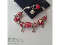 Brățară vintage Pandora cu mărgele groase roșii și argintii