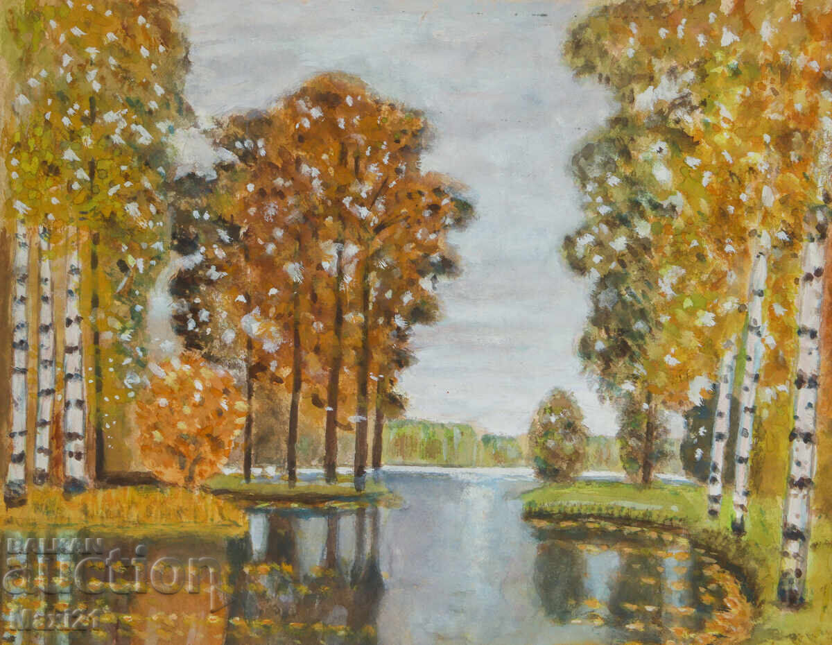 Delivery of Painting tempera paints river landscape autumn