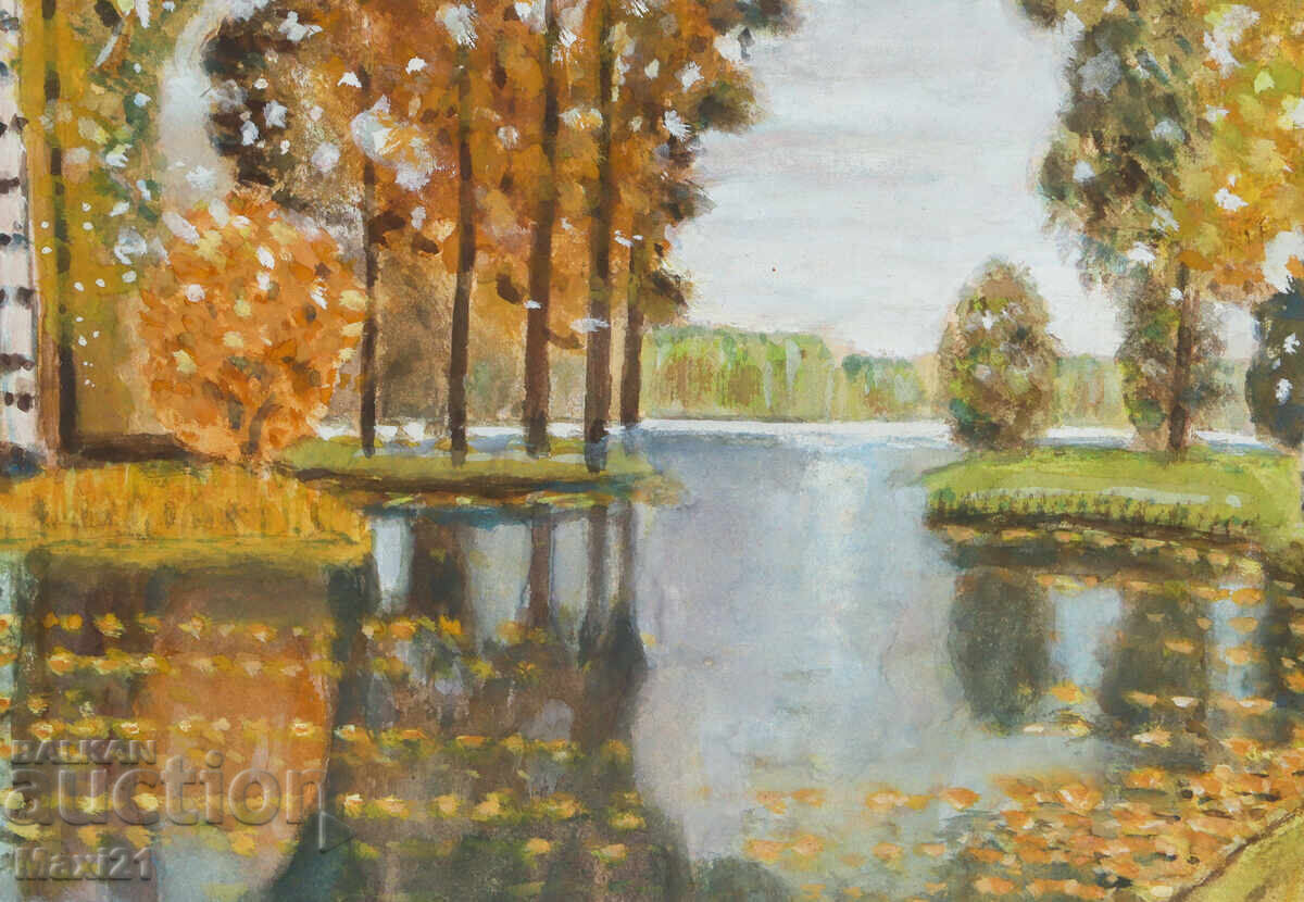 Painting tempera paints river landscape autumn - 5