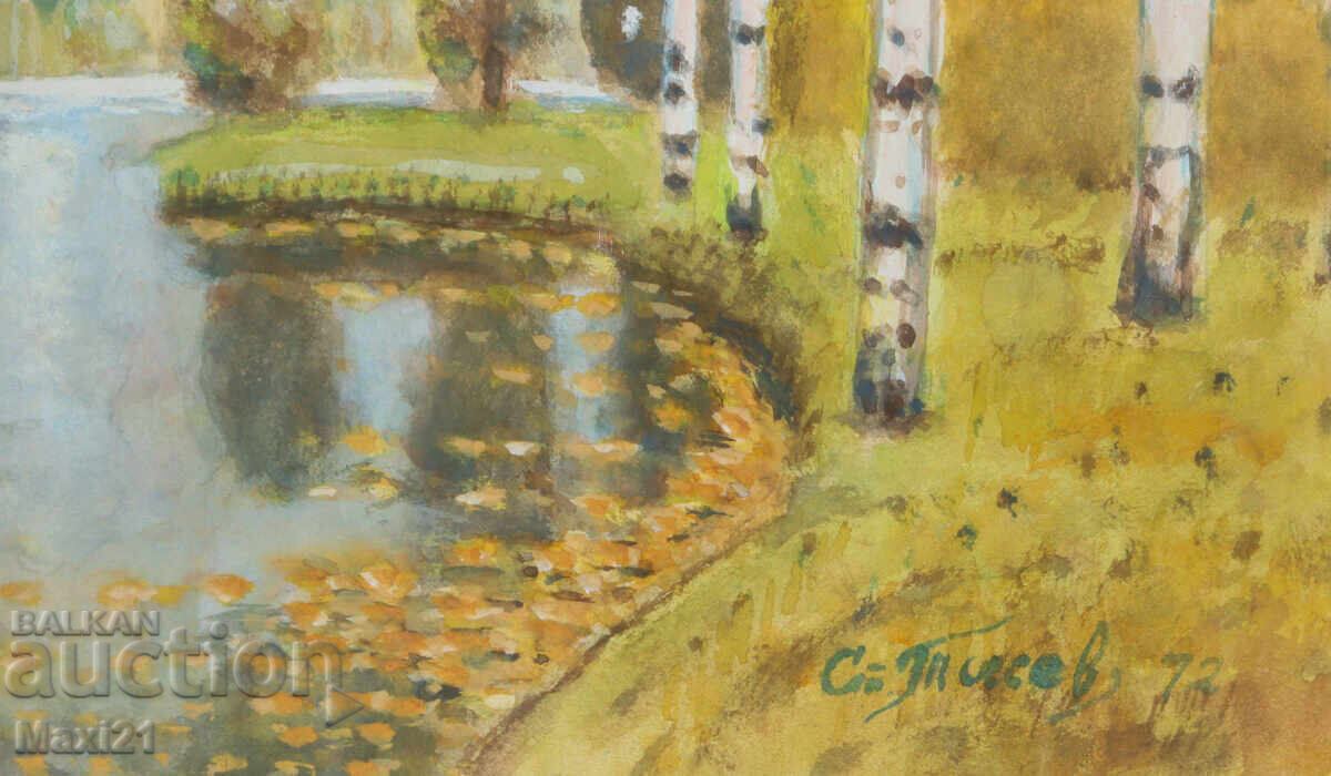 Painting tempera paints river landscape autumn - 6