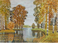 Painting tempera paints river landscape autumn