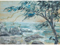 Old painting, tempera paints, seascape