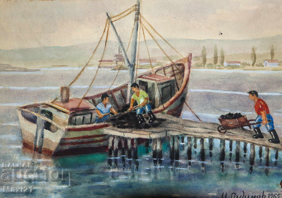 Картина aкварел пейзаж рибарска лодка 1965г. с цена 200.00 лв. | € 102.26