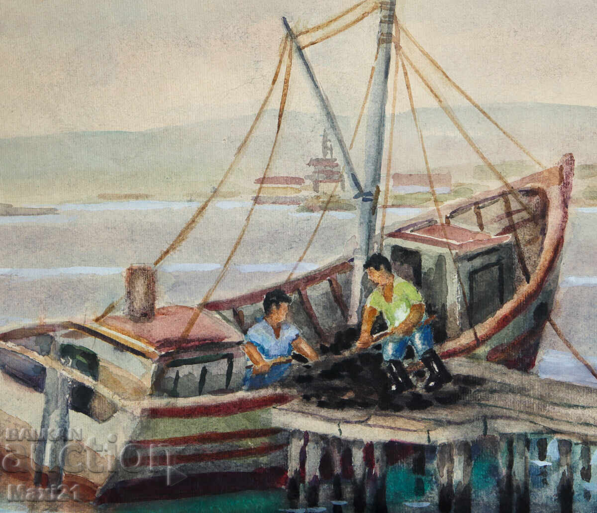 Доставка на Картина aкварел пейзаж рибарска лодка 1965г.