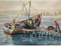 Watercolor painting landscape fishing boat 1965