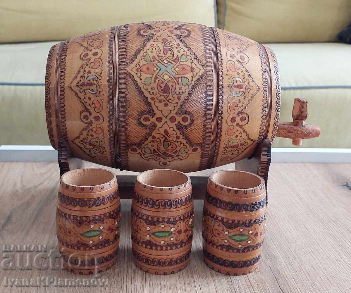 Pyrographied retro Burnt-wood item with three cups for connoisseurs