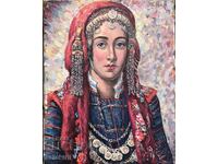 A Bulgarian woman with a purple headscarf